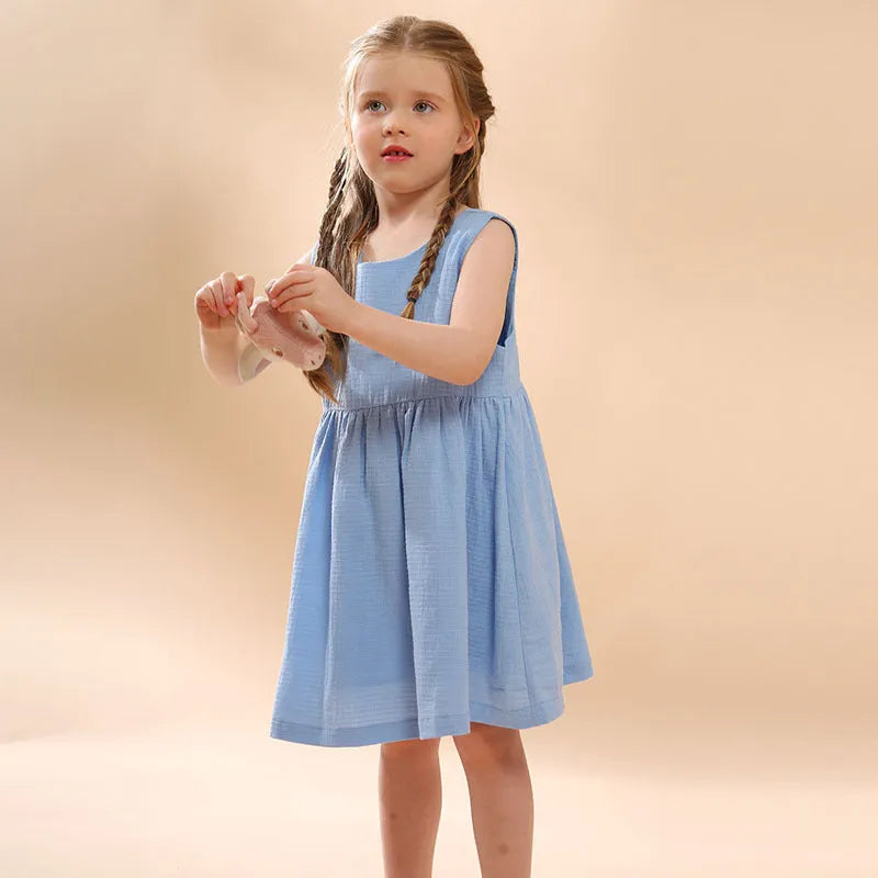 Girls cotton sleeveless dress solid colour princess style blue white 90-130cm