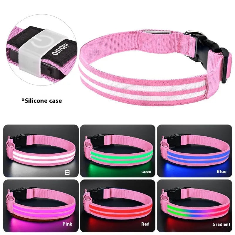 Shiny double fiber nylon dog collar with luminous mode, available in multiple colours and sizes S, M, L