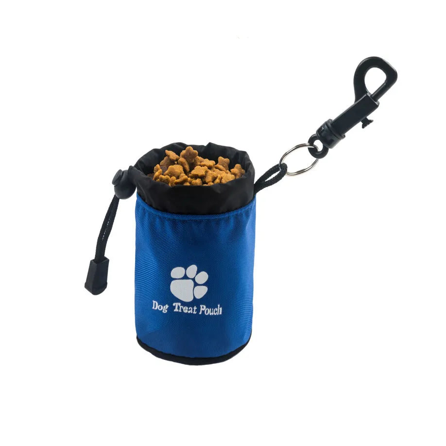 Mini nylon pet training snack bag for dog treats in solid colour options of red, green, black, or blue.