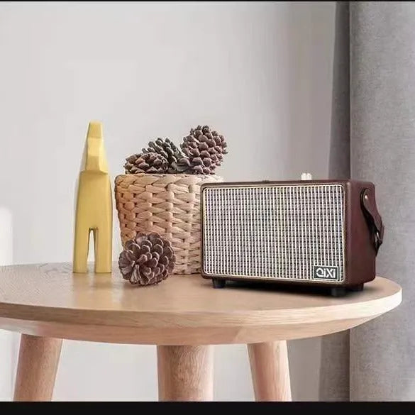 Red leather pattern mini portable Bluetooth speaker card design with dual speakers and microphone option