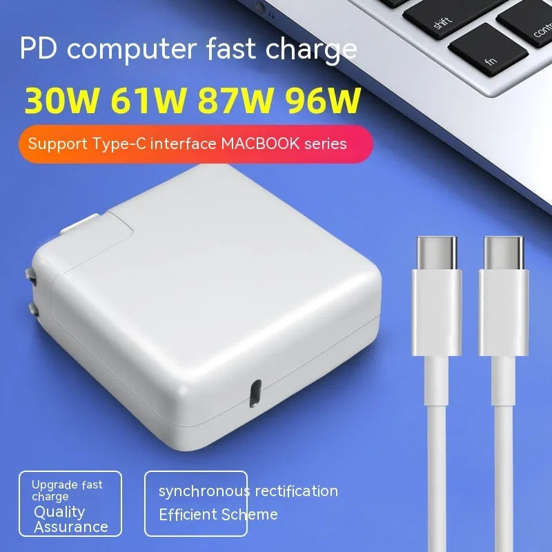 Compact 61W wireless laptop power adapter with UK plug and 2m USB-C cable, size 7x7x3cm