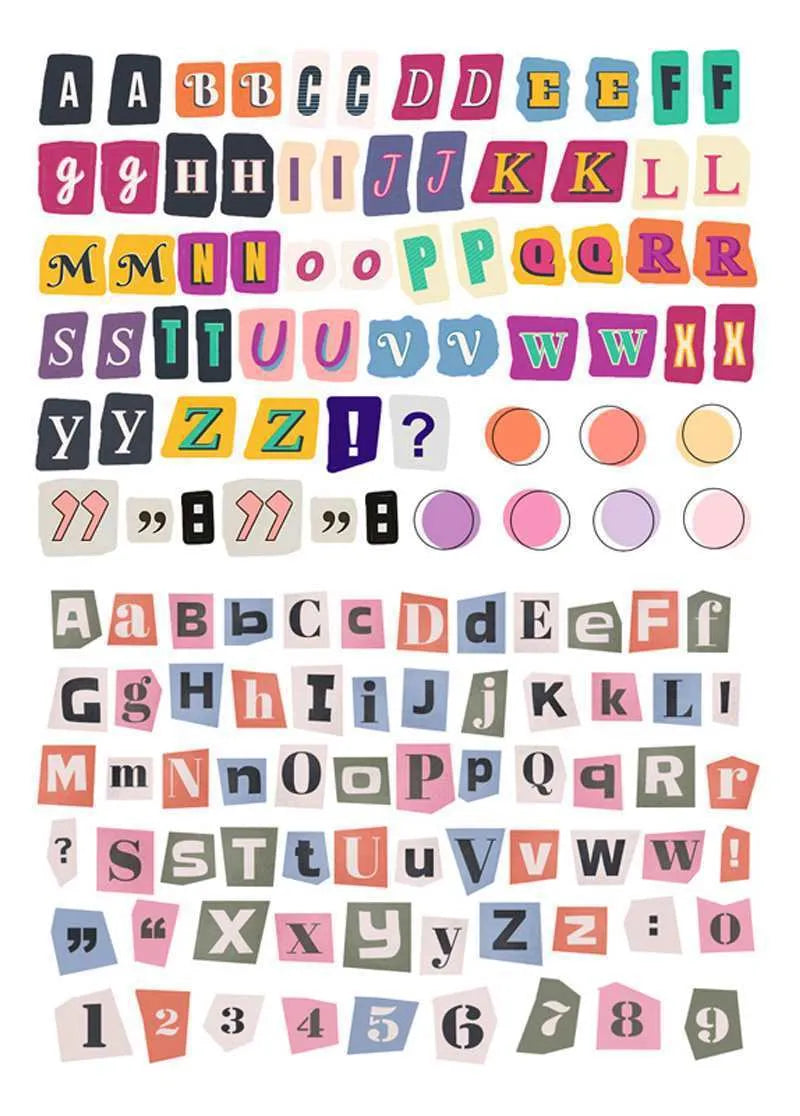 Set of printed cute-style stickers showing English letters A, B, C, D, E, numbers, symbols, and weekly words on a sheet.