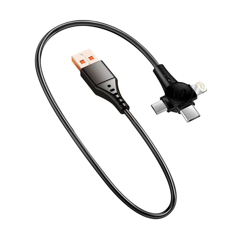Three-in-one retractable TPE data cable with Type-C, Lightning, and Micro USB connectors in black, 1.5 metres