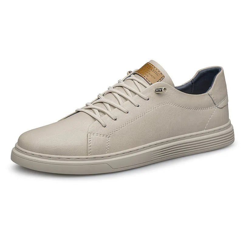 Two-layer cowhide low-top casual sneakers for men, solid colour, round toe, front lace-up, available in khaki black beige