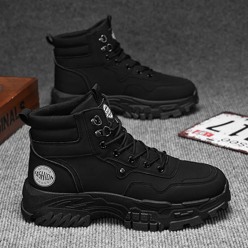 Men's black and yellow Martin boots with high-top design and injection moulded soles