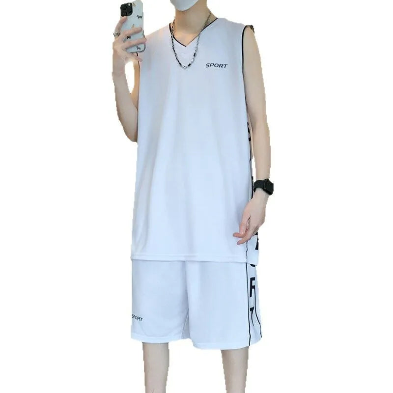 Men's basketball sleeveless vest and shorts set in polyester, available in five colours, front view
