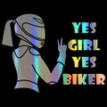 Cool girl rider character car sticker in waterproof pet material, size 16cm by 15cm