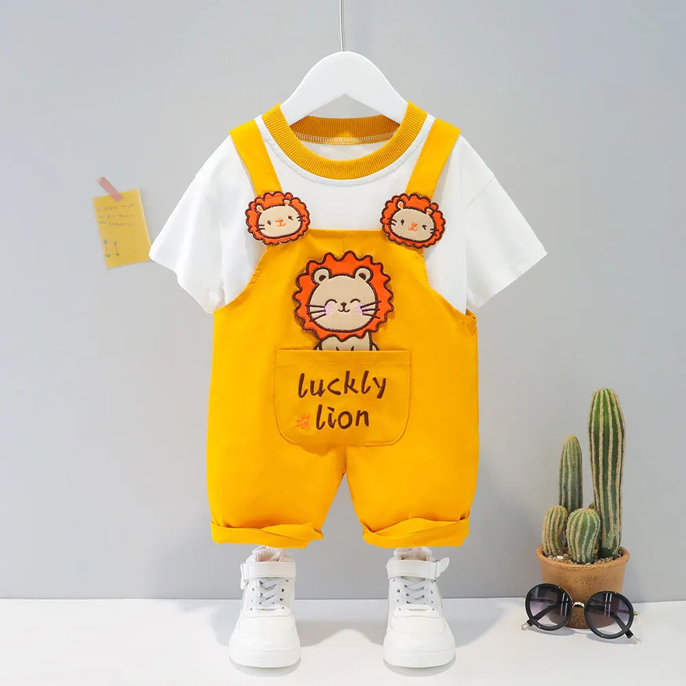 Baby wearing yellow cartoon short-sleeved overalls with adjustable straps