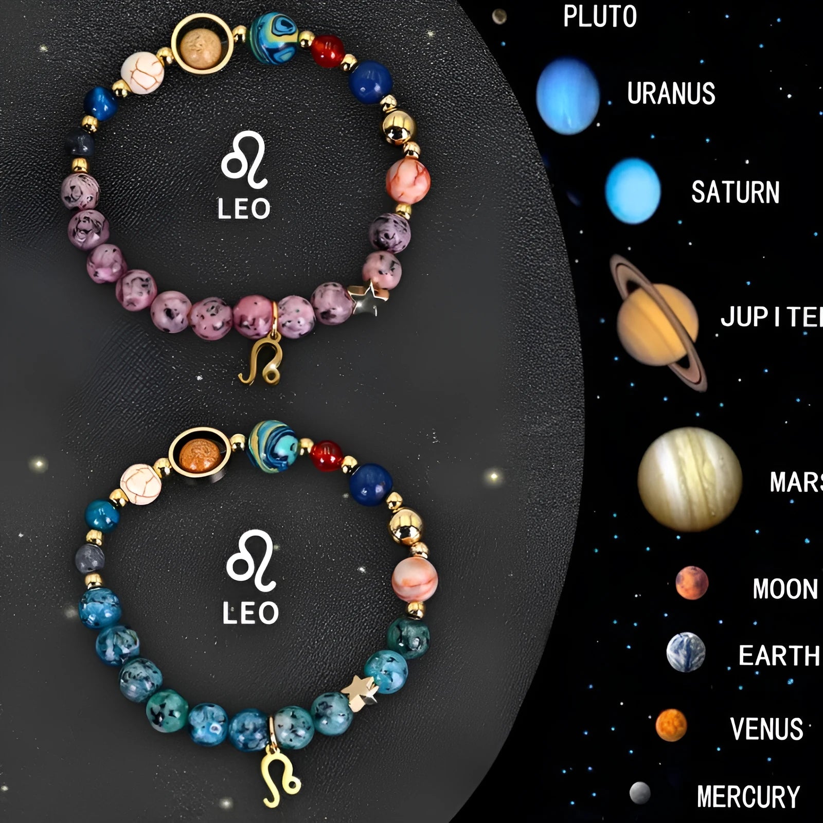 Natural stone zodiac beaded bracelet set showing two matching bracelets with astrology-themed design