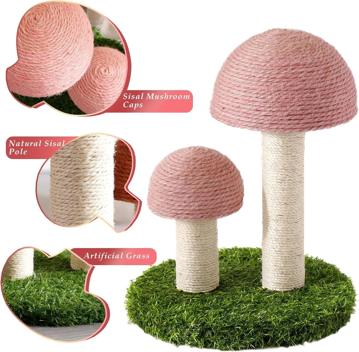 Pink mushroom-shaped cat scratching post with sisal caps and pole for small cats.