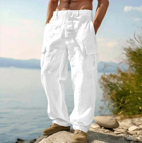 Men's cotton wide-leg casual trousers in light army green colour with mid-waist design