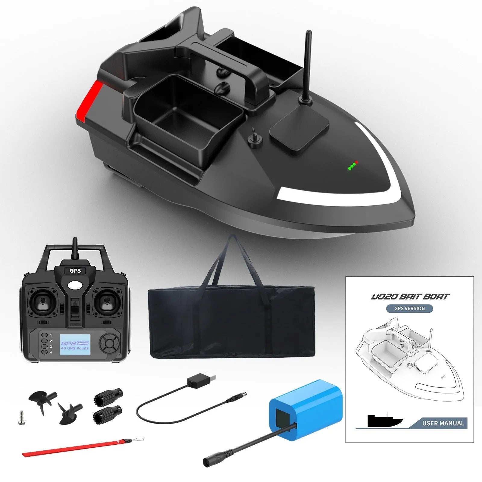 GPS remote control fishing boat in black or luminous yellow with remote control and handbag.