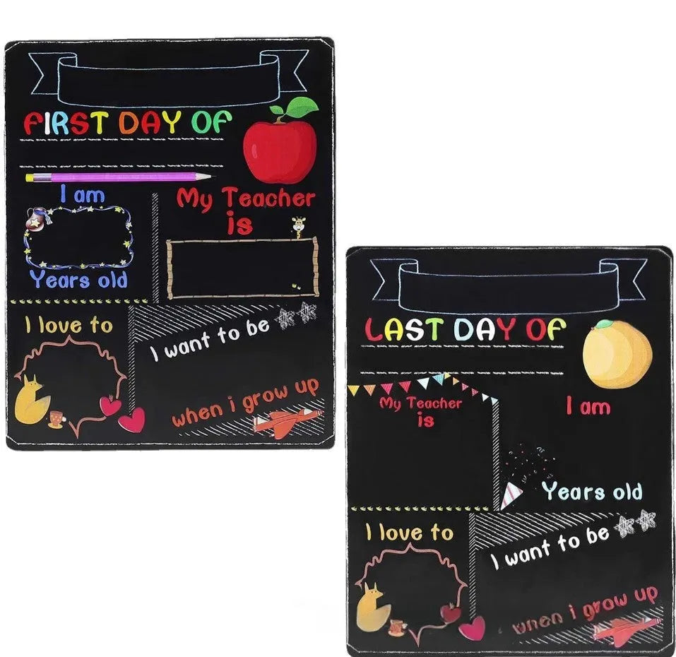 Wooden first day of school blackboard sign measuring 25.5 by 30 centimetres