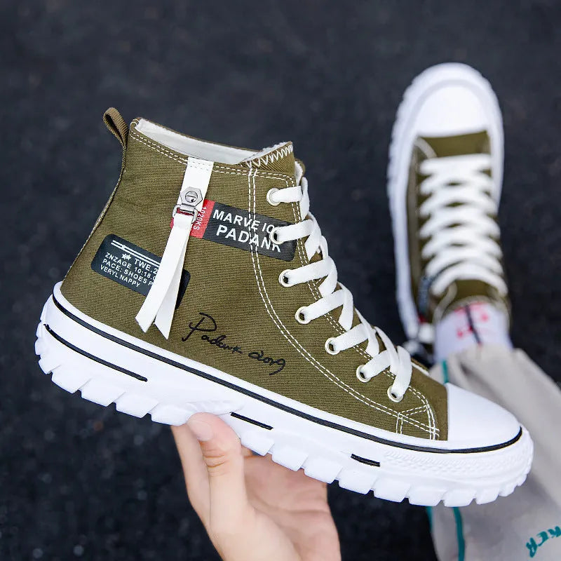 Men's casual canvas high top lace-up shoes in black with letter print pattern, round toe, and front laces