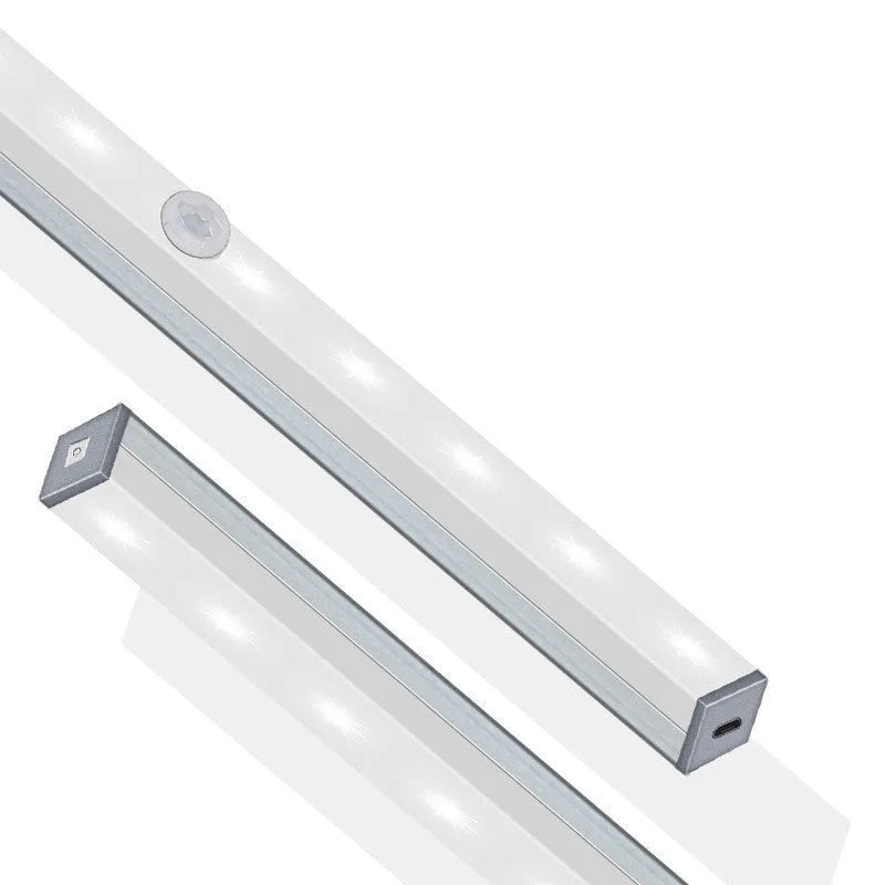 Silver aluminium LED strip light with magnetic backing for wardrobe and cupboard installation.