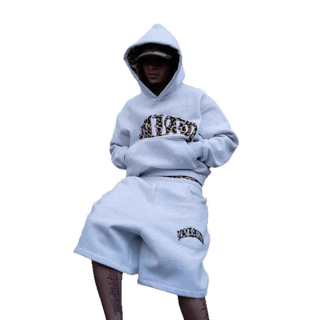 Leopard print letter embroidery street casual trousers and hoodie set for men and women in black and light gray polyester fabric