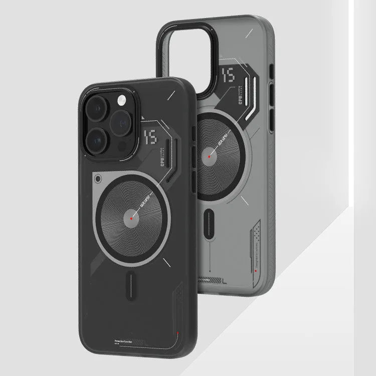 Grey magnetic phone case with cooling window for iPhone 15 Pro and 15 Pro Max in Cyberpunk style