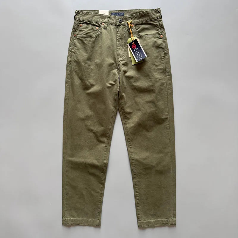 Men's straight-leg cotton casual trousers in army green colour, laid flat to show mid-waist and trousers length.