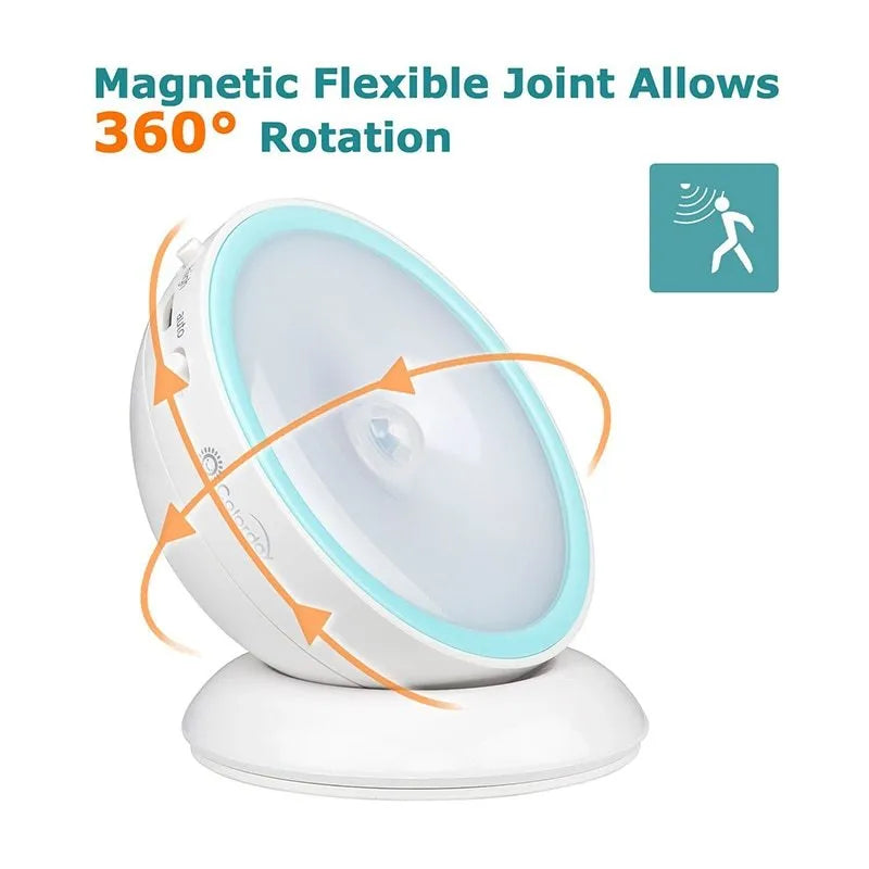 White 360-degree rotating LED human body induction night light with motion sensor, 8.6cm diameter, on a flat surface
