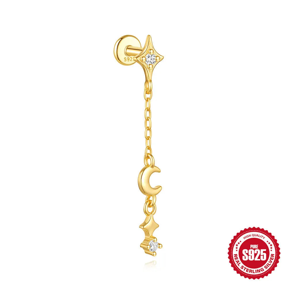 S925 sterling silver geometric star-shaped earrings with an embedded moon diamond, shown in a gold colour finish.