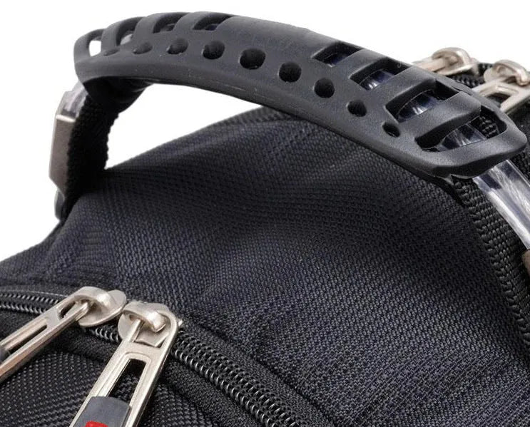 Black business laptop backpack showing multiple compartments and organiser pockets.