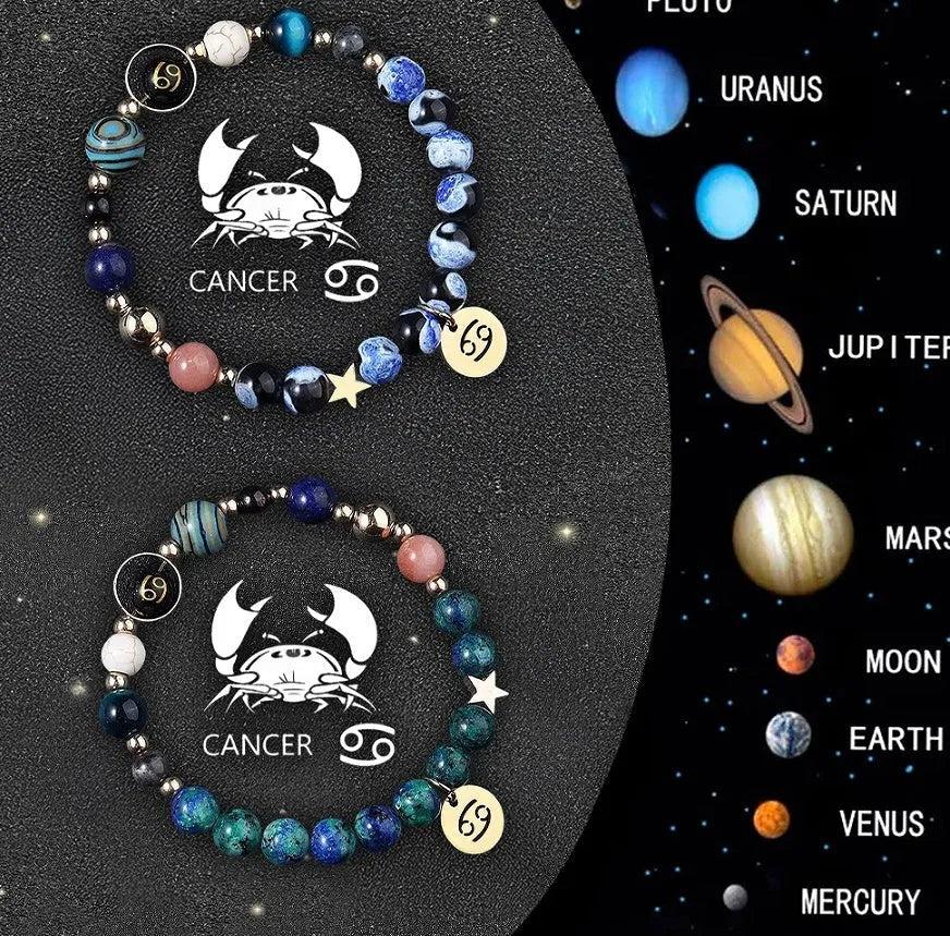 Set of two natural stone beaded bracelets with zodiac sign charms on an adjustable cord.