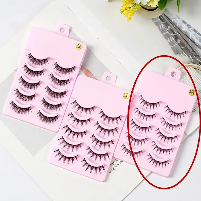 Pack of manga anime style false eyelashes showing three natural wispy designs for Korean makeup and cosplay