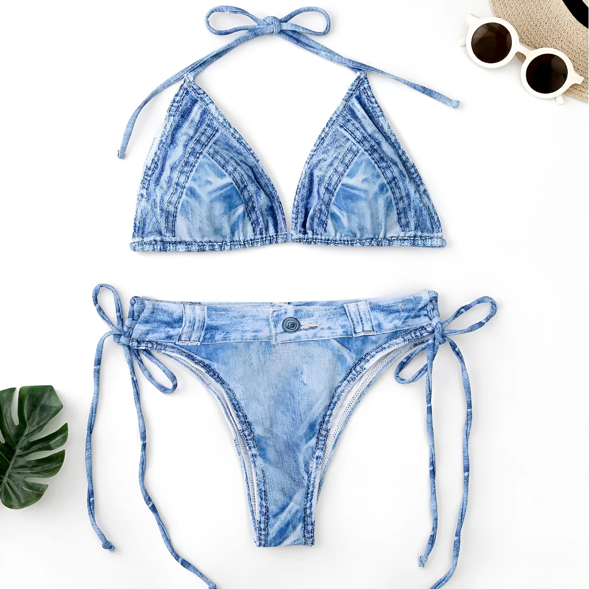 Women's denim two-piece bikini swimsuit in rose red polyester with sexy pattern, sizes S to XL