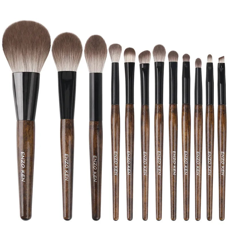 12-piece makeup brush set with wooden handles in PU storage roll