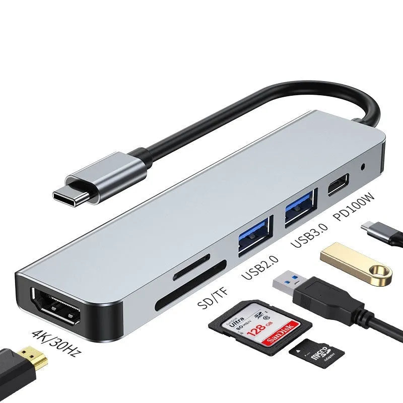 Portable six-in-one USB-C expansion dock with 100W charging capability for laptops and tablets