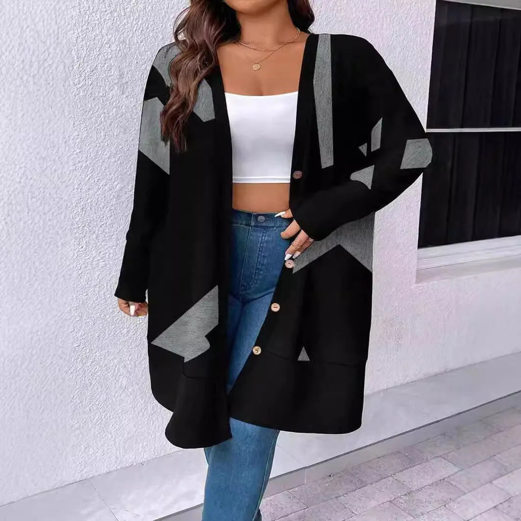 Black plus size loose casual knitwear cardigan with button stitching and regular sleeves