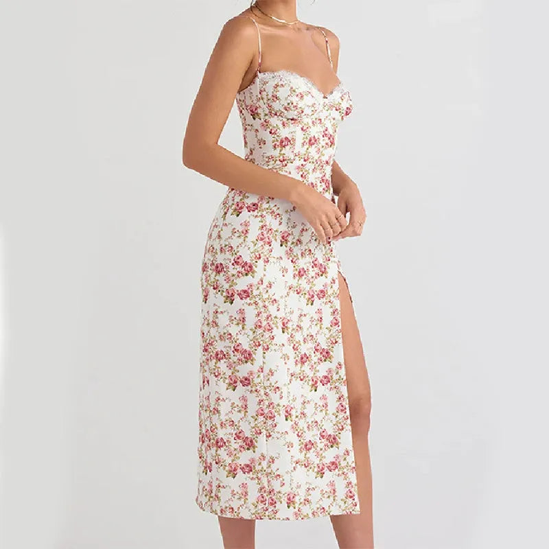 Blue lace flowers print long dress with side slit and suspender straps on a model