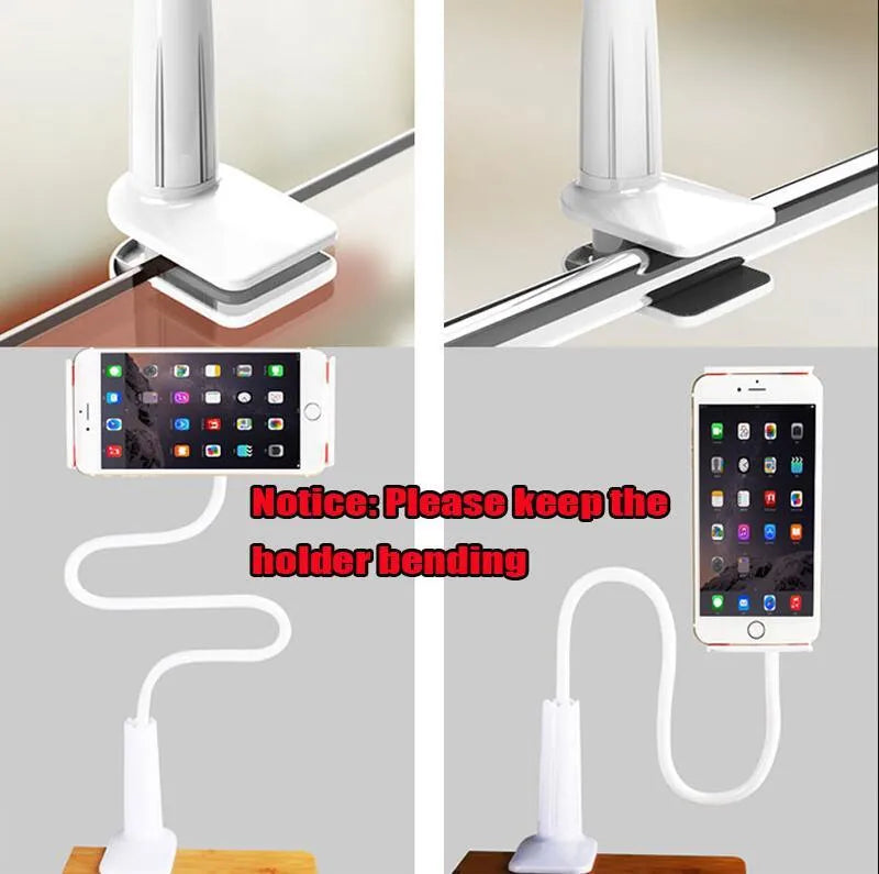Black bedside phone holder with long arm mounted on a wooden table