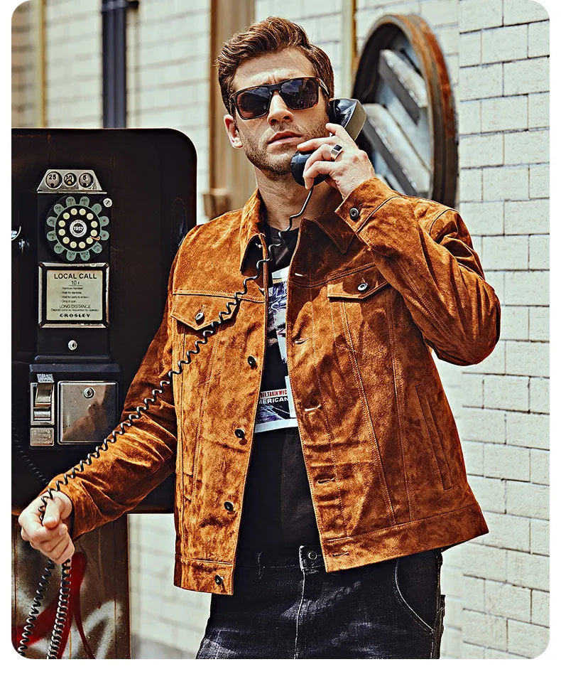 Men's brown pig skin leather biker jacket with zip front and pockets, American casual style