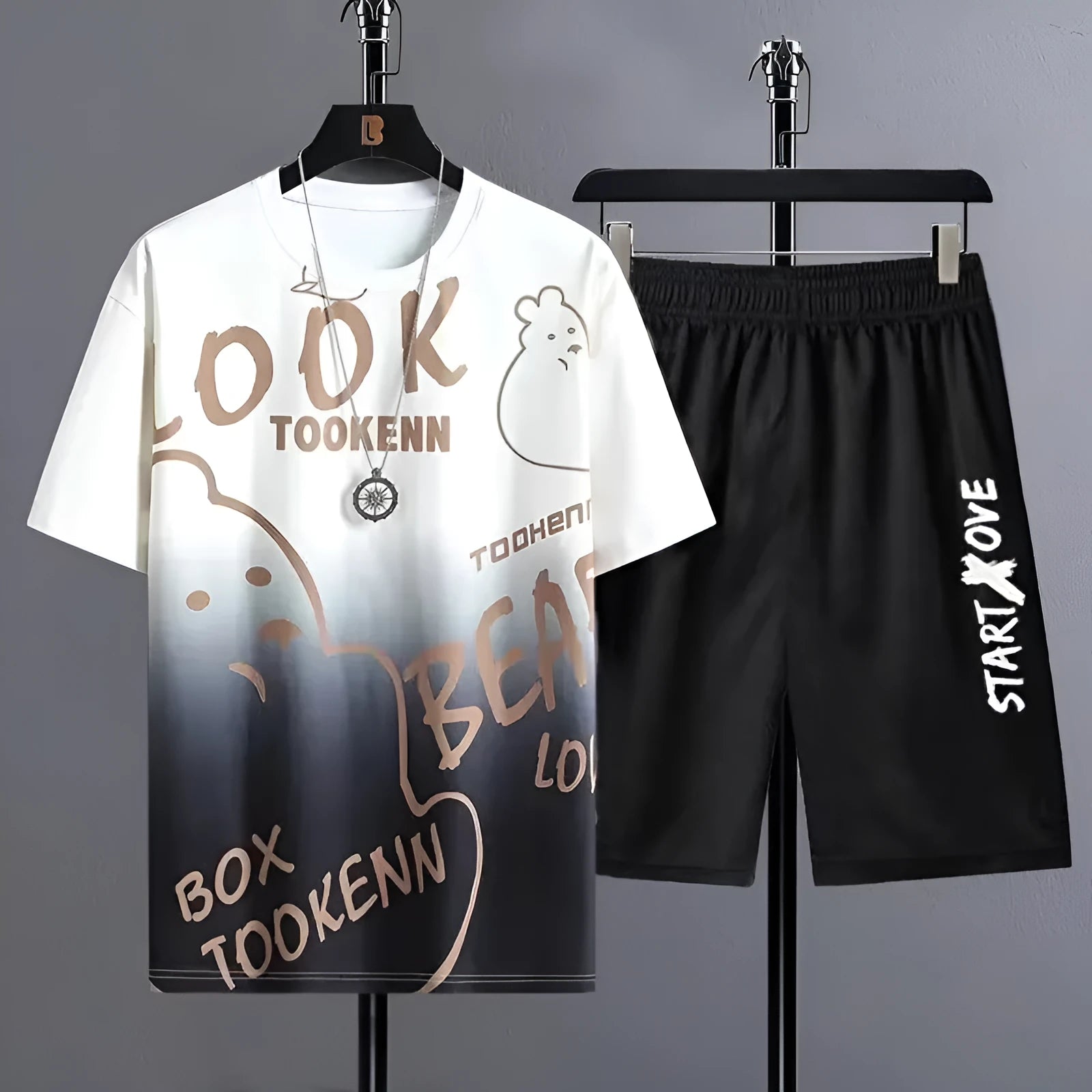 Men's polyester summer shorts suit set with short sleeve top in sports leisure style