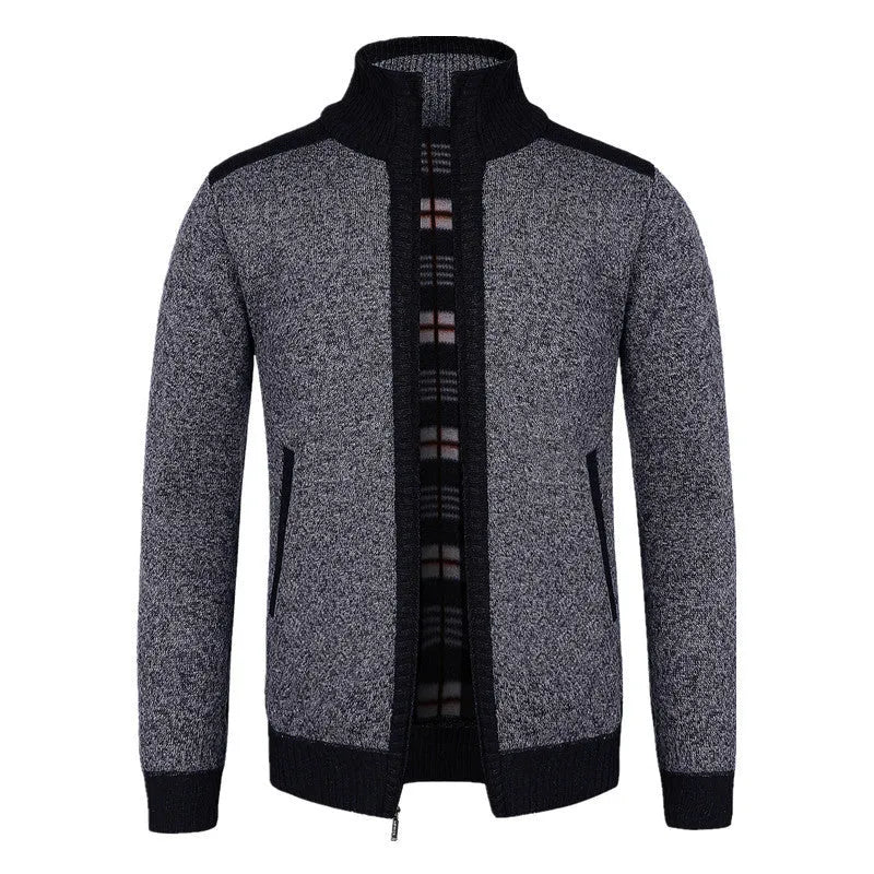 European size loose fit cotton blend dad cardigan for large size men in black front view