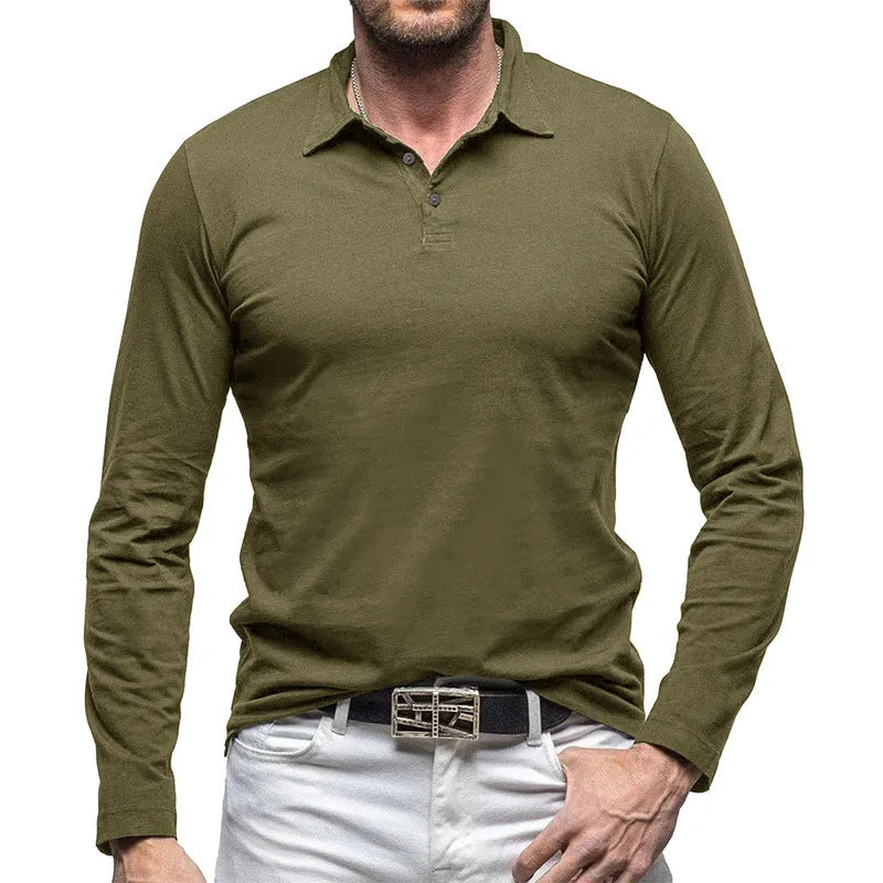 Men's long sleeve polo collar cotton T-shirt in American retro style shown in dark grey