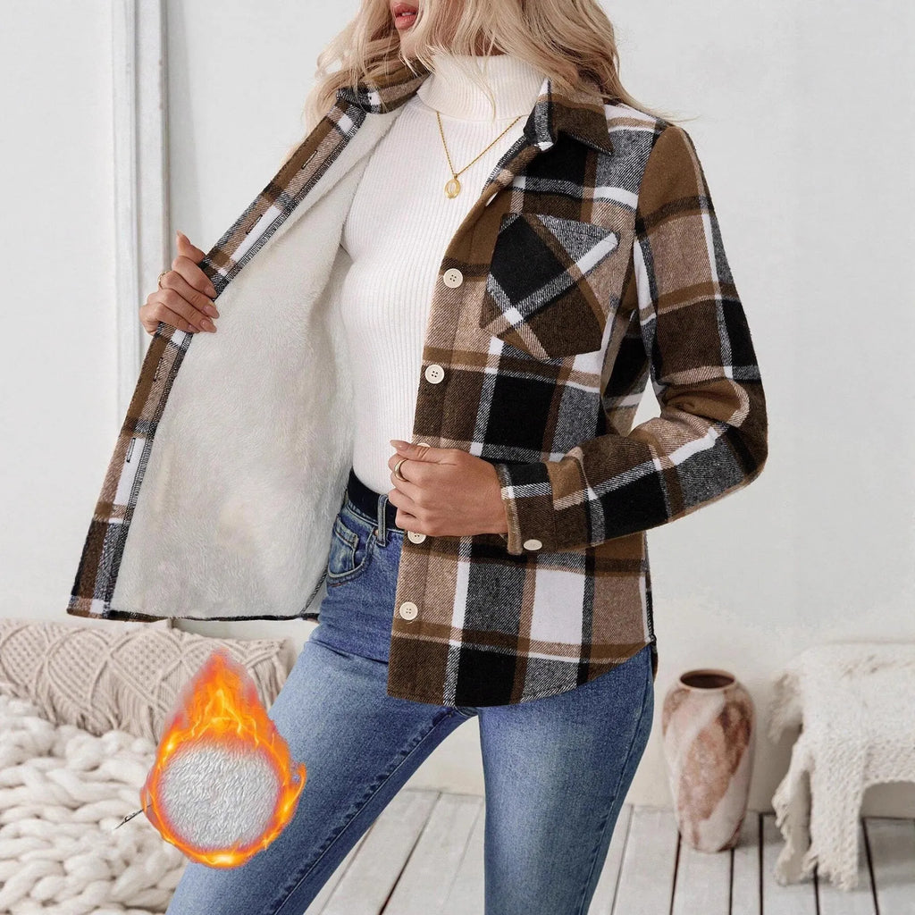 Woolen woven plaid button shirt collar jacket top in brown, with pockets, medium thickness polyester fabric, casual style