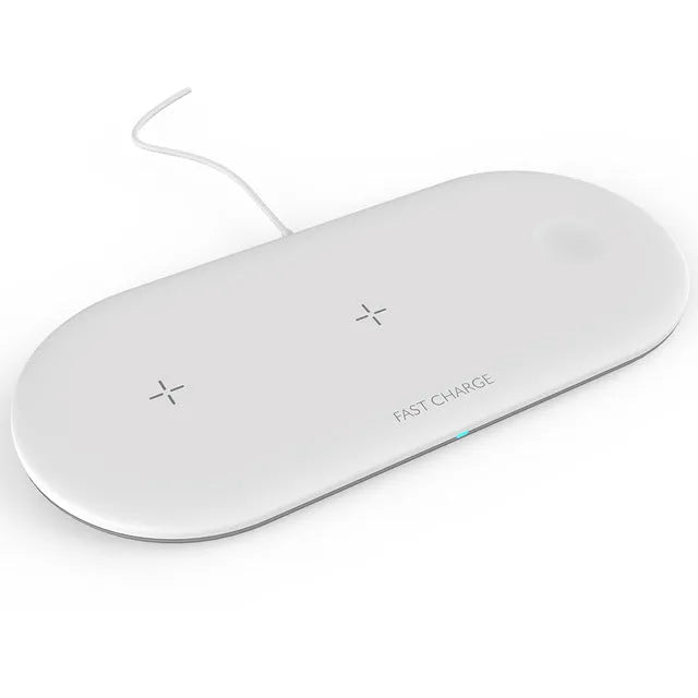 Black three-in-one desktop wireless charging station for iPhone, Apple Watch and wireless headphones.