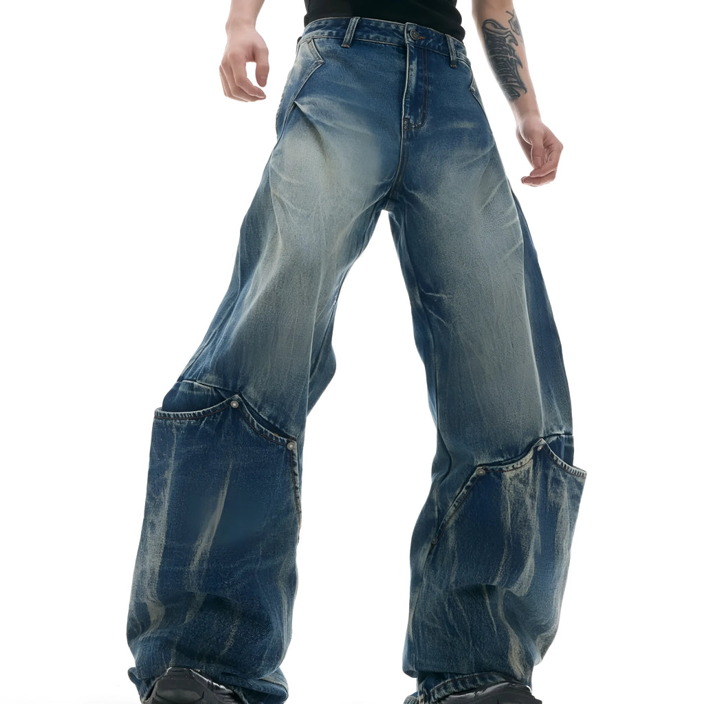 Men's verdant blue retro jeans with burst pattern and curved knife detailing