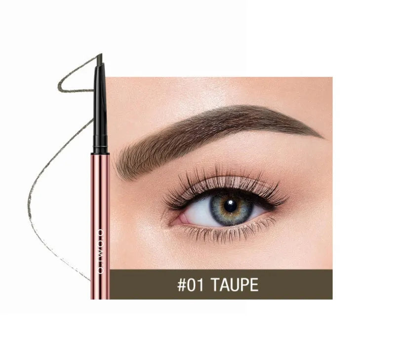 Slim brow makeup pencil in colour box with six shade options: Auburn, Blonde, Caramel, Dark Brown, Soft Brown, Taupe.