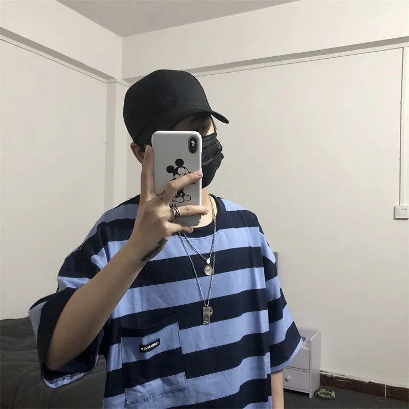 Striped short sleeve t-shirt in blue, polyester fiber, casual crew neck style