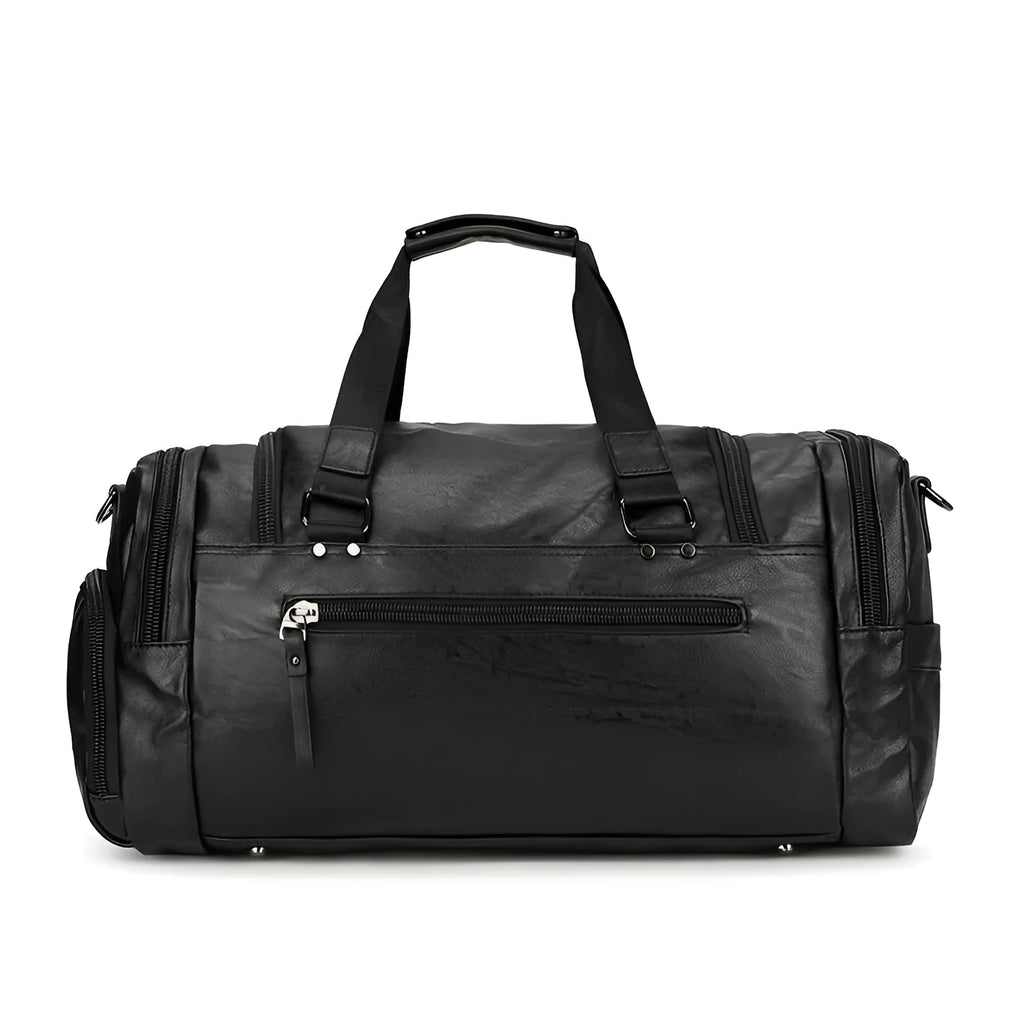Black large capacity travel bag with separate shoe storage compartment, showing PU fabric exterior.