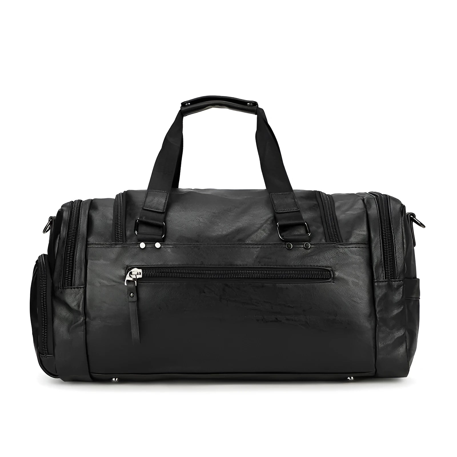Black large capacity travel bag with separate shoe storage compartment, showing PU fabric exterior.