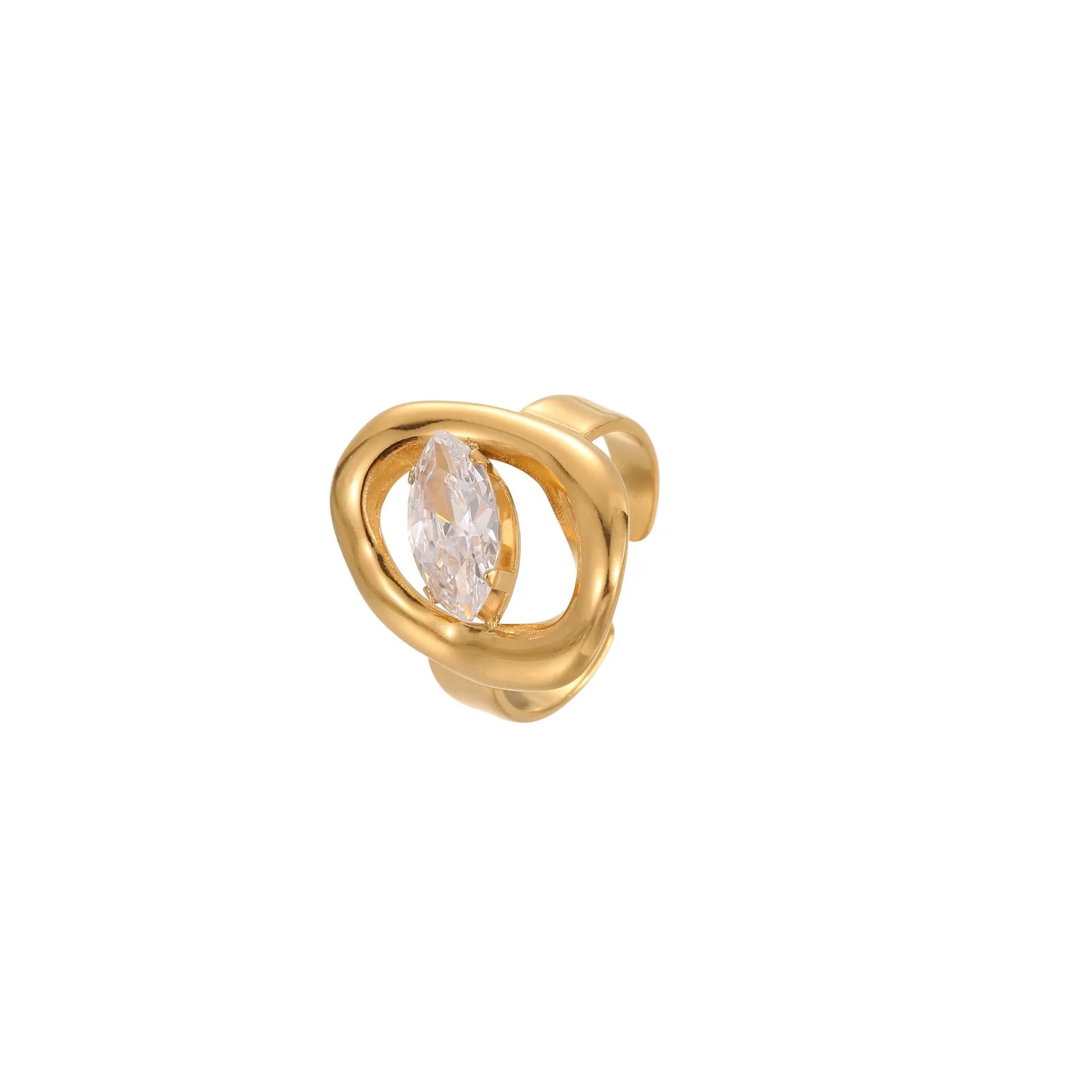 Adjustable geometric stainless steel ring showing open mouth design and colour variations