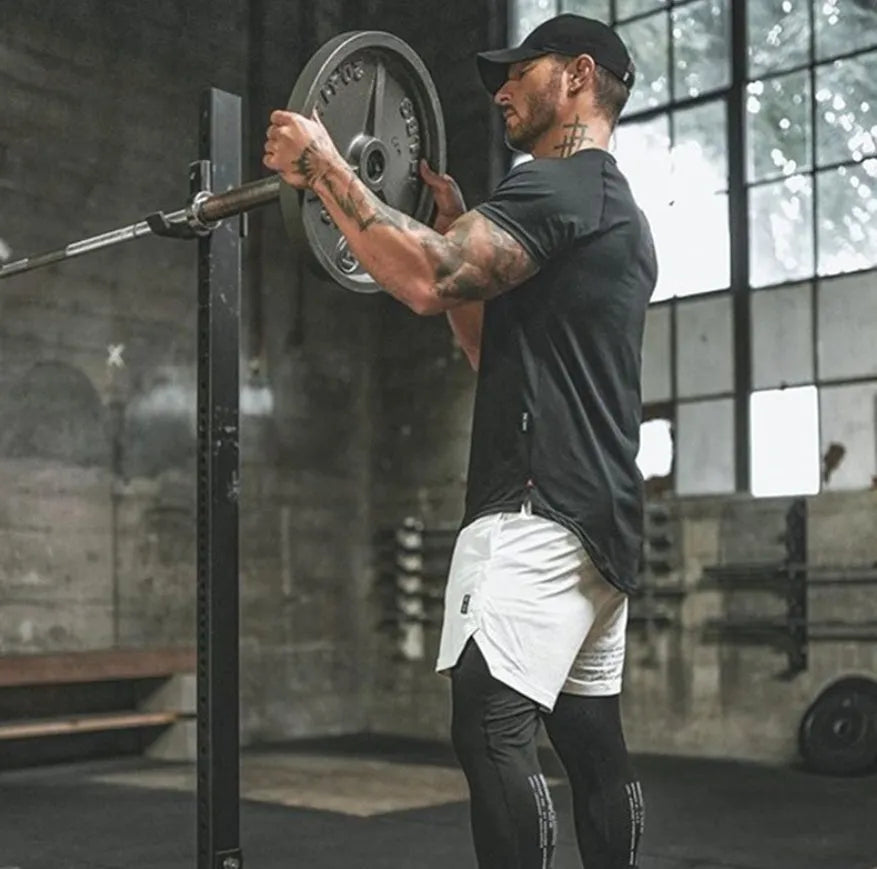 Men's custom plain gym shirt in cotton spandex blend with optional letter print, shown in multiple colour options.