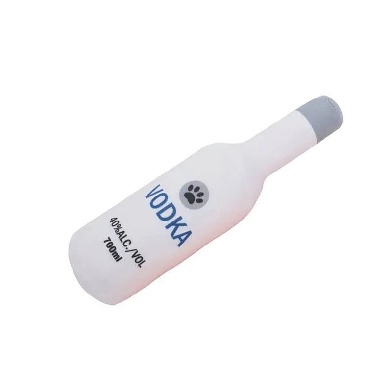 Plush wine bottle pet toy in assorted colours including green, orange, red, black and white.
