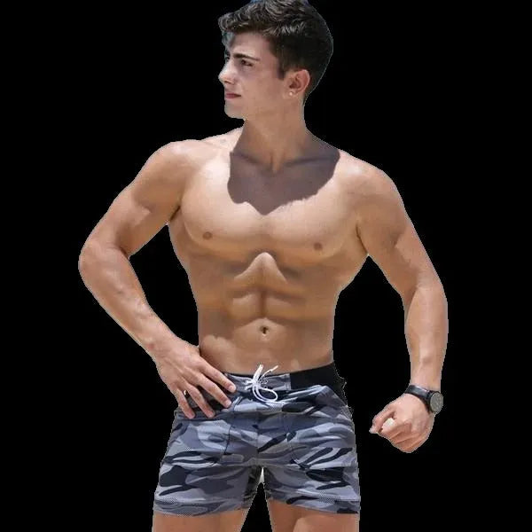 Men's camouflage pattern beach surf shorts in blue and gray cotton-polyester blend