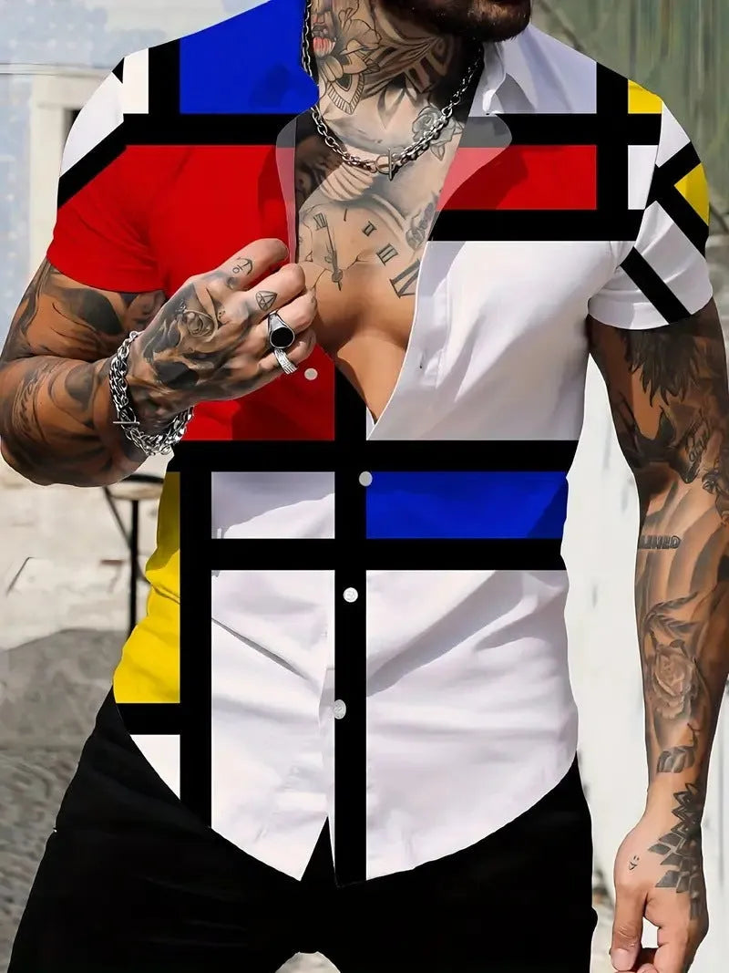 Men's slim fit geometric print lapel shirt in lightweight polyester fabric for summer casual wear