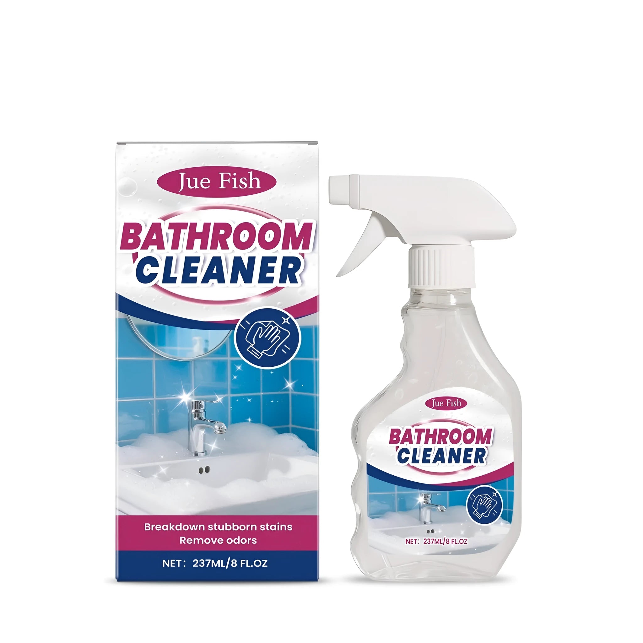 237ml bottle of bathroom cleaner spray with sodium hypochlorite formula for toilets and tiles